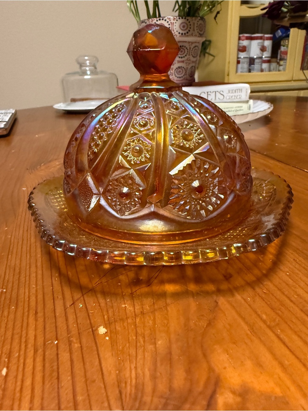 ✨ Indiana Glass Heirloom Sunset Red Carnival Cadmium Glow Butter Dish